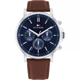 Tommy Hilfiger Tyson orologio da uomo TH1710585, quadrante blu, cinturino in pelle marrone