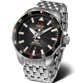 Vostok Europe N1 Rocket orologio da uomo NH35A-225A709-B, quadrante nero, cinturino in acciaio inossidabile argento