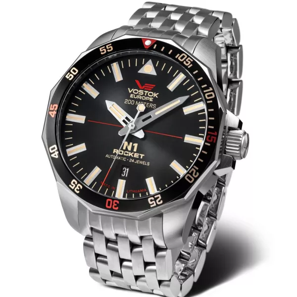 Vostok Europe N1 Rocket orologio da uomo NH35A-225A709-B, quadrante nero, cinturino in acciaio inossidabile argento