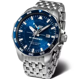 Vostok Europe N1 Rocket GMT orologio da uomo NH34A-225A712-B, quadrante blu, cinturino in acciaio inossidabile argento