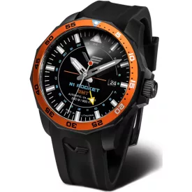 Vostok Europe N1 Rocket GMT orologio da uomo NH34A-225C714-SBLK, quadrante nero, cinturino in silicone nero
