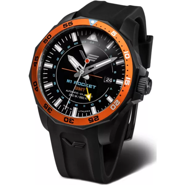 Vostok Europe N1 Rocket GMT orologio da uomo NH34A-225C714-SBLK, quadrante nero, cinturino in silicone nero