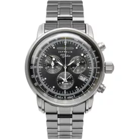 Zeppelin 100 Jahre Chronograph orologio da uomo 7680MB-2, quadrante nero, cinturino in acciaio inossidabile argento