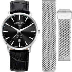 Roamer Valais orologio da uomo set 988833 41 85 05, quadrante nero, cinturino in pelle argento