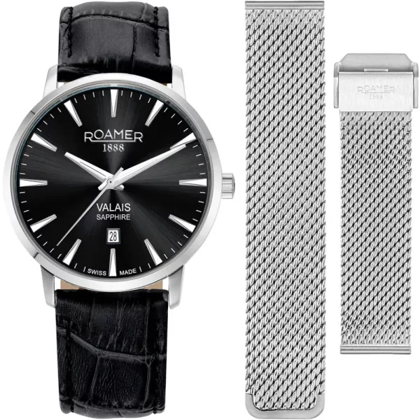 Roamer Valais orologio da uomo set 988833 41 85 05, quadrante nero, cinturino in pelle argento