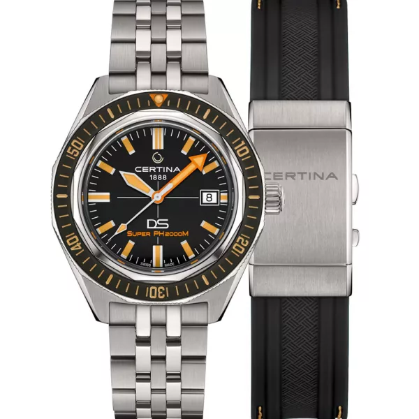 Certina DS Super PH2000M orologio da uomo set C050.607.44.051.02, quadrante nero, cinturino in titanio argento