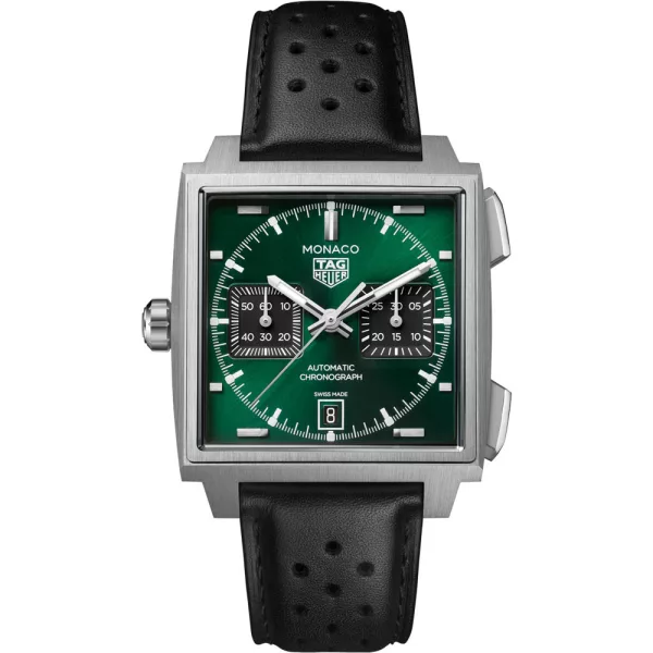Tag Heuer Monaco Chronograph orologio da uomo CDW2180.FC8360, quadrante verde, cinturino in pelle nero