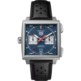 Tag Heuer Monaco Chronograph orologio da uomo CDW2181.FC8360, quadrante blu, cinturino in pelle nero