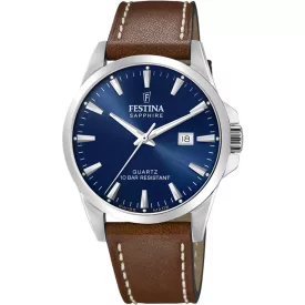 Festina Swiss Made orologio da uomo F20025/3, quadrante blu, cinturino in pelle marrone