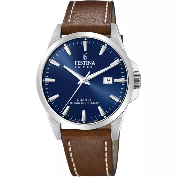 Festina Swiss Made orologio da uomo F20025/3, quadrante blu, cinturino in pelle marrone