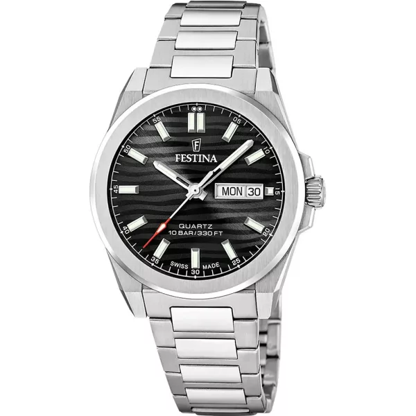 Festina Swiss Made orologio da uomo F20073/5, quadrante nero, cinturino in acciaio inossidabile argento