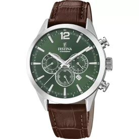 Festina Timeless Chronograph orologio da uomo F20542/8, quadrante verde, cinturino in pelle marrone