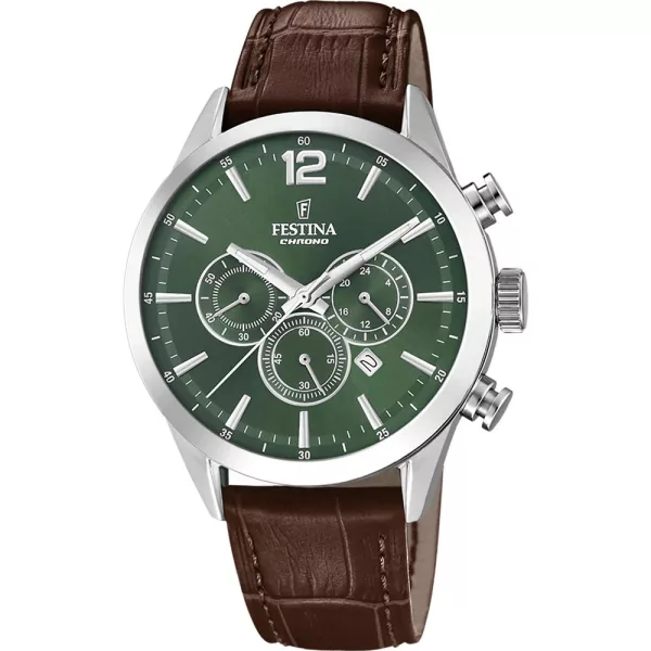 Festina Timeless Chronograph orologio da uomo F20542/8, quadrante verde, cinturino in pelle marrone