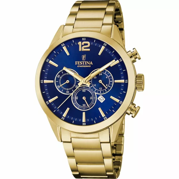 Festina Timeless Chronograph orologio da uomo F20633/2, quadrante blu, cinturino in acciaio inossidabile oro