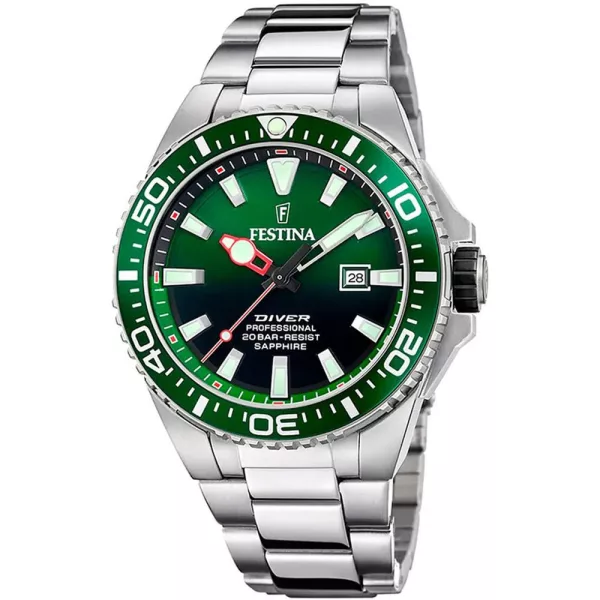 Festina The Originals Diver orologio da uomo F20663/2, quadrante verde, cinturino in acciaio inossidabile argento