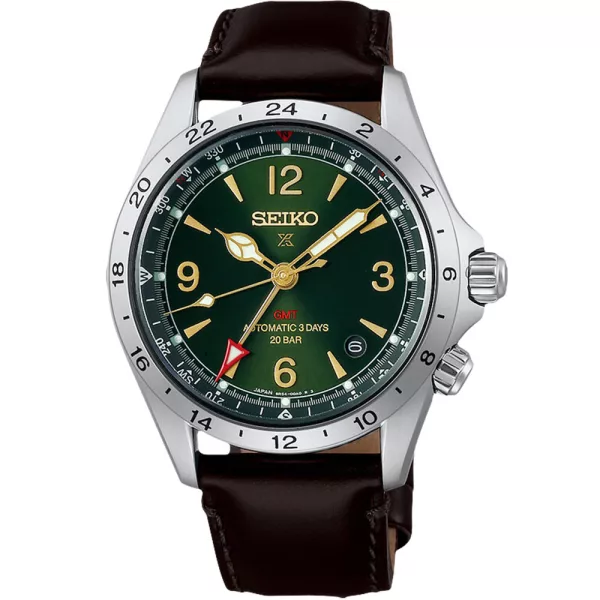 Seiko Prospex Alpinist GMT orologio da uomo HBC007J1, quadrante verde, cinturino in pelle marrone