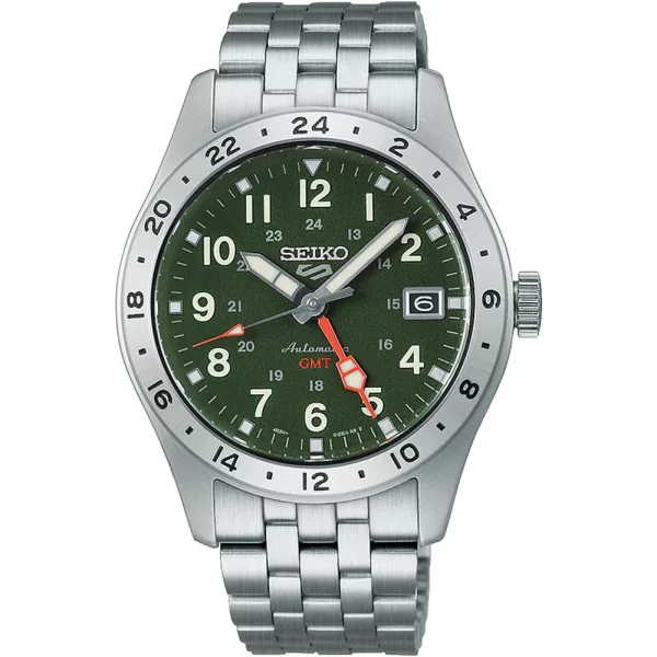 Seiko 5 Sports Field GMT orologio da uomo HDB001K1, quadrante verde, cinturino in acciaio inossidabile argento