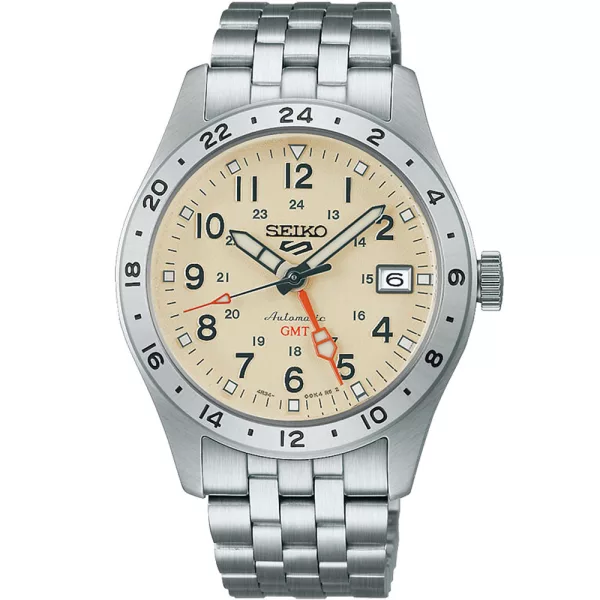 Seiko 5 Sports Field GMT orologio da uomo HDB002K1, quadrante beige, cinturino in acciaio inossidabile argento