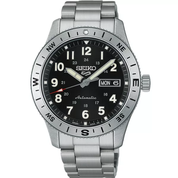 Seiko 5 Sports Field New Design orologio da uomo HDB006K1, quadrante nero, cinturino in acciaio inossidabile argento