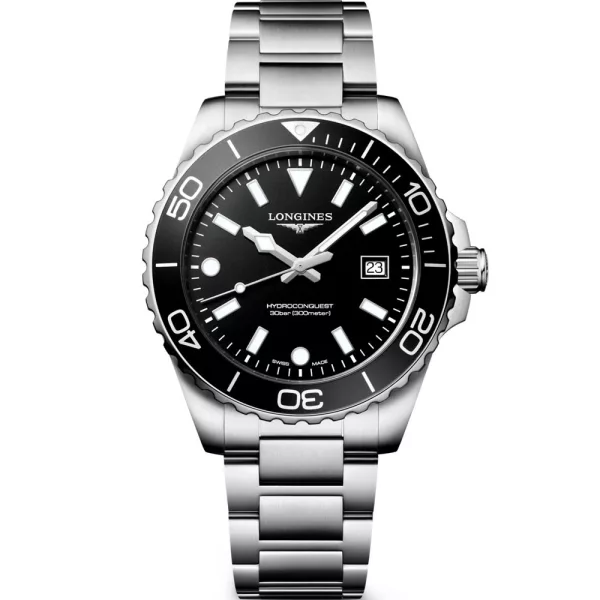 Longines HydroConquest orologio da uomo L3.769.4.56.6, quadrante nero, cinturino in acciaio inossidabile argento