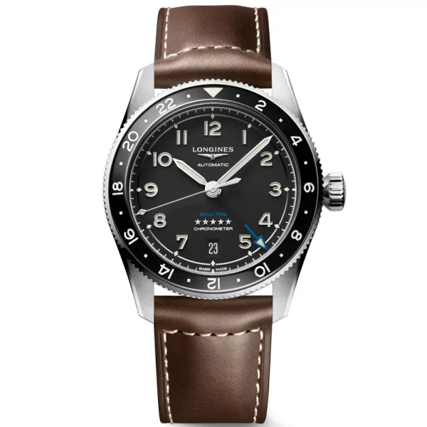 Longines Spirit Zulu Time orologio da uomo L3.802.4.53.2, quadrante nero, cinturino in pelle marrone