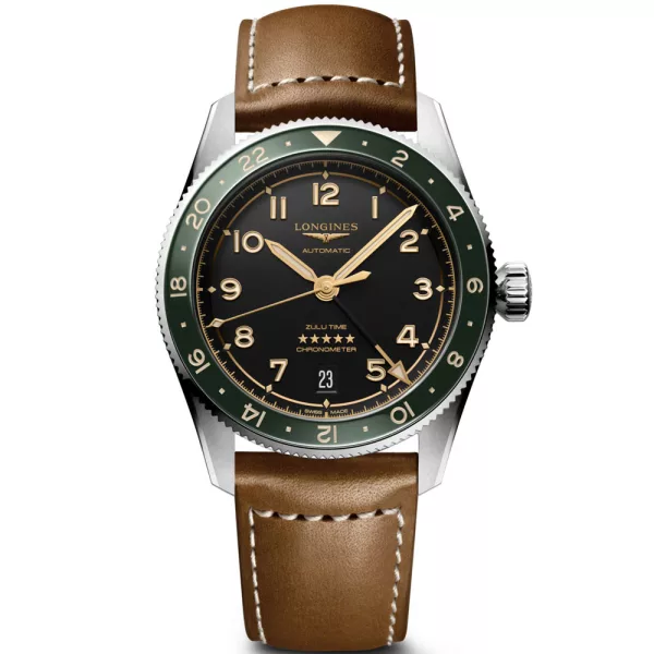 Longines Spirit Zulu Time orologio da uomo L3.802.4.63.2, quadrante verde, cinturino in pelle marrone