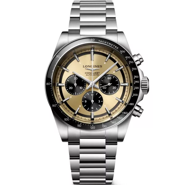 Longines Conquest Chronograph orologio da uomo L3.835.4.32.6, quadrante oro, cinturino in acciaio inossidabile argento