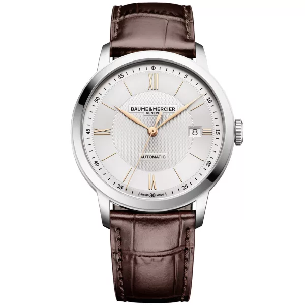Baume & Mercier Classima orologio da uomo M0A10853, quadrante argento, cinturino in pelle marrone