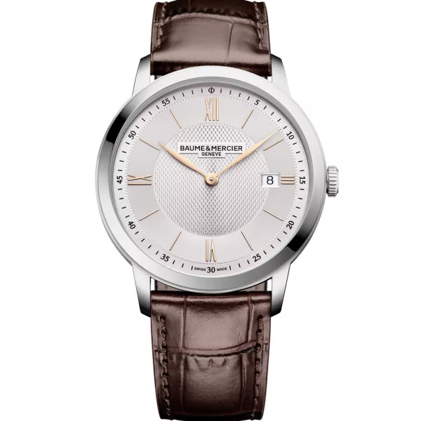 Baume & Mercier Classima orologio da uomo M0A10882, quadrante argento, cinturino in pelle marrone