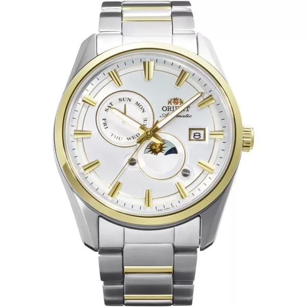 Orient Stretto Sun & Moon orologio da uomo RA-AK0312S30B, quadrante argento, cinturino in acciaio inossidabile argento