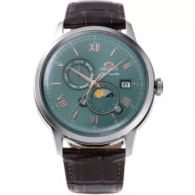 Orient Bambino Sun & Moon orologio da uomo RA-AK0805E30B, quadrante verde, cinturino in pelle marrone