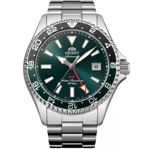 Orient Mako Diver GMT orologio da uomo RA-BC0002E30B, quadrante verde, cinturino in acciaio inossidabile argento