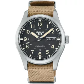 Seiko 5 Sports Field orologio da uomo SRPG35K1, quadrante nero, cinturino in tessuto marrone