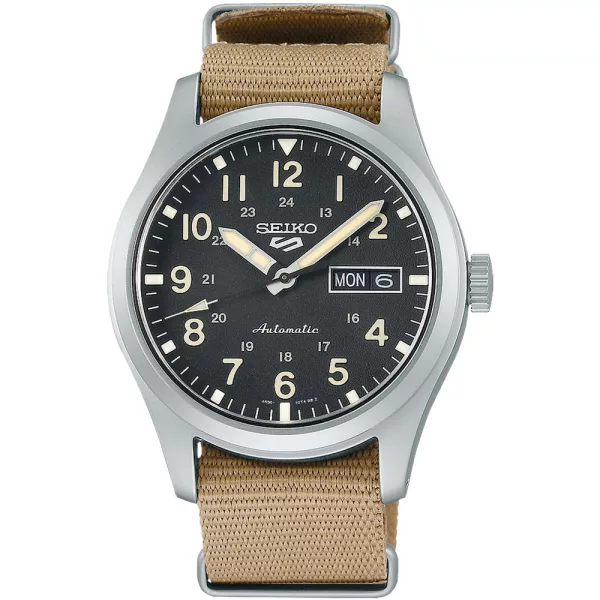 Seiko 5 Sports Field orologio da uomo SRPG35K1, quadrante nero, cinturino in tessuto marrone
