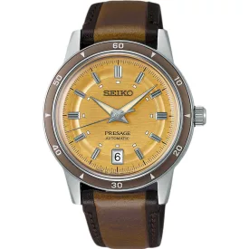 Seiko Presage Style 60s in Golden Yellow orologio da uomo SRPL75J1, quadrante oro, cinturino in pelle marrone