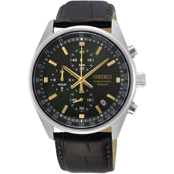 Seiko Chronograph orologio da uomo SSB385P1, quadrante verde, cinturino in pelle marrone