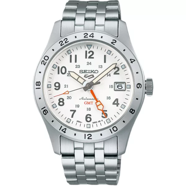 Seiko 5 Sports Field Mechanical GMT orologio da uomo SSK059K1, quadrante bianco, cinturino in acciaio inossidabile argento